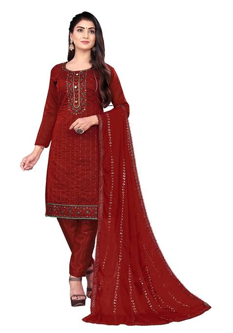 Maroon Embroidered Chanderi Cotton Kurta Set