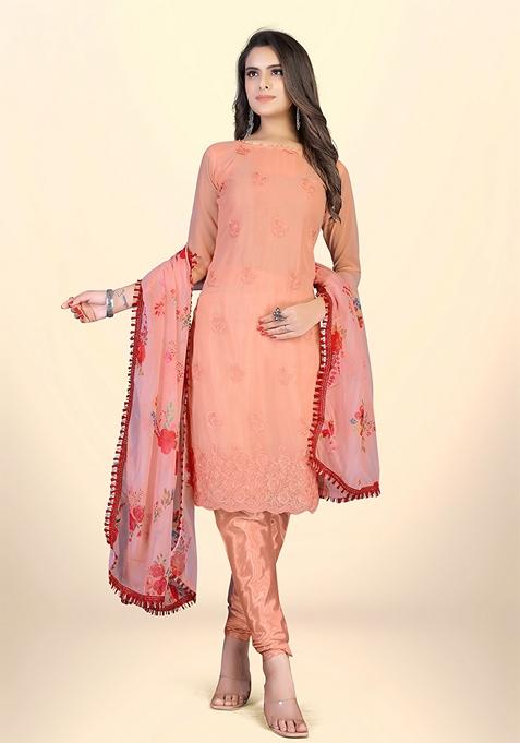 Peach Thread Embroidered Georgette Kurta Set