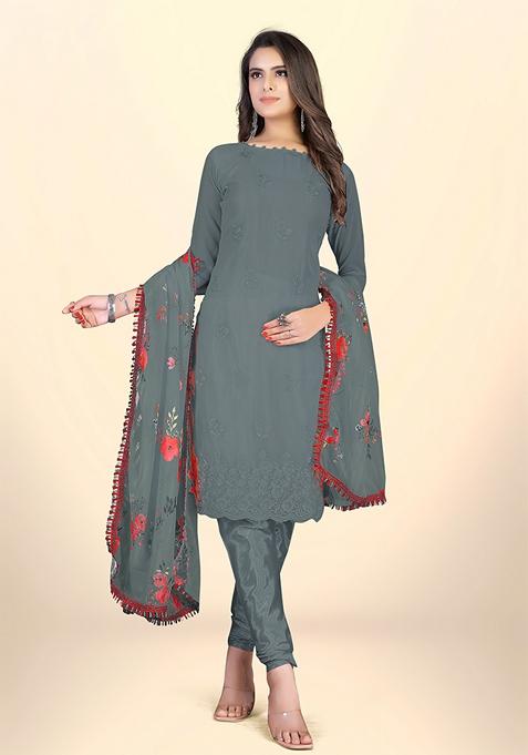 Grey Thread Embroidered Georgette Kurta Set