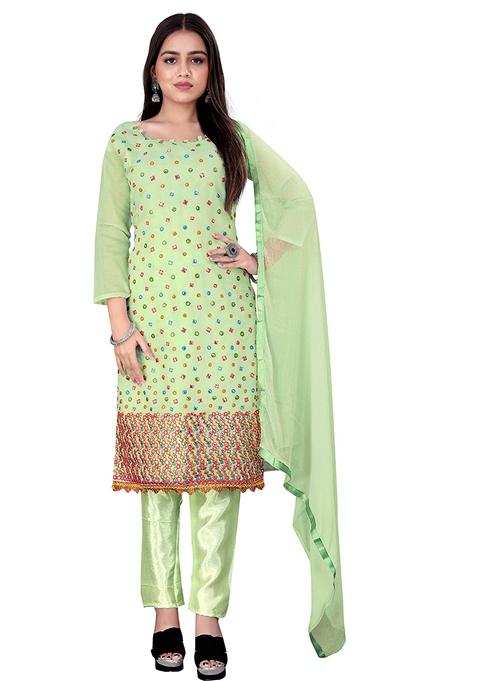 Pista Green Embroidered Chanderi Cotton Kurta Set