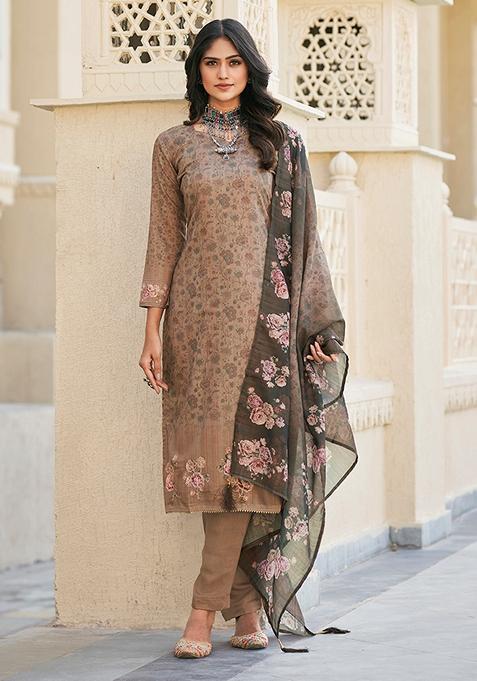 Brown Printed Cambric Cotton Kurta Set