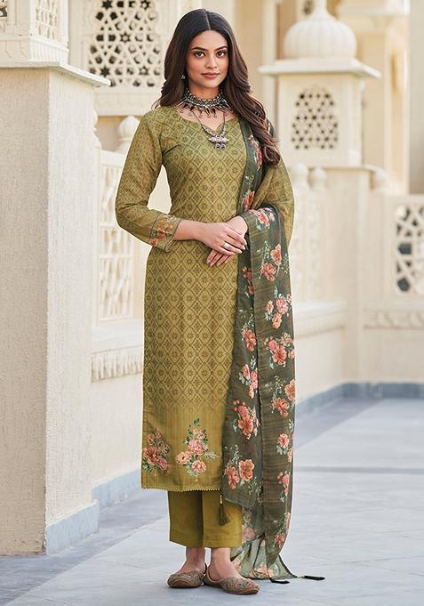 Green Printed Cambric Cotton Kurta Set