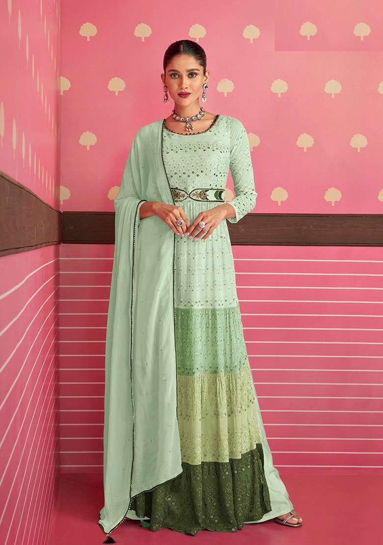 Green Embroidered Georgette Kurta Set - Indya