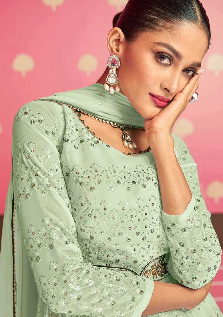 Green Embroidered Georgette Kurta Set - Indya