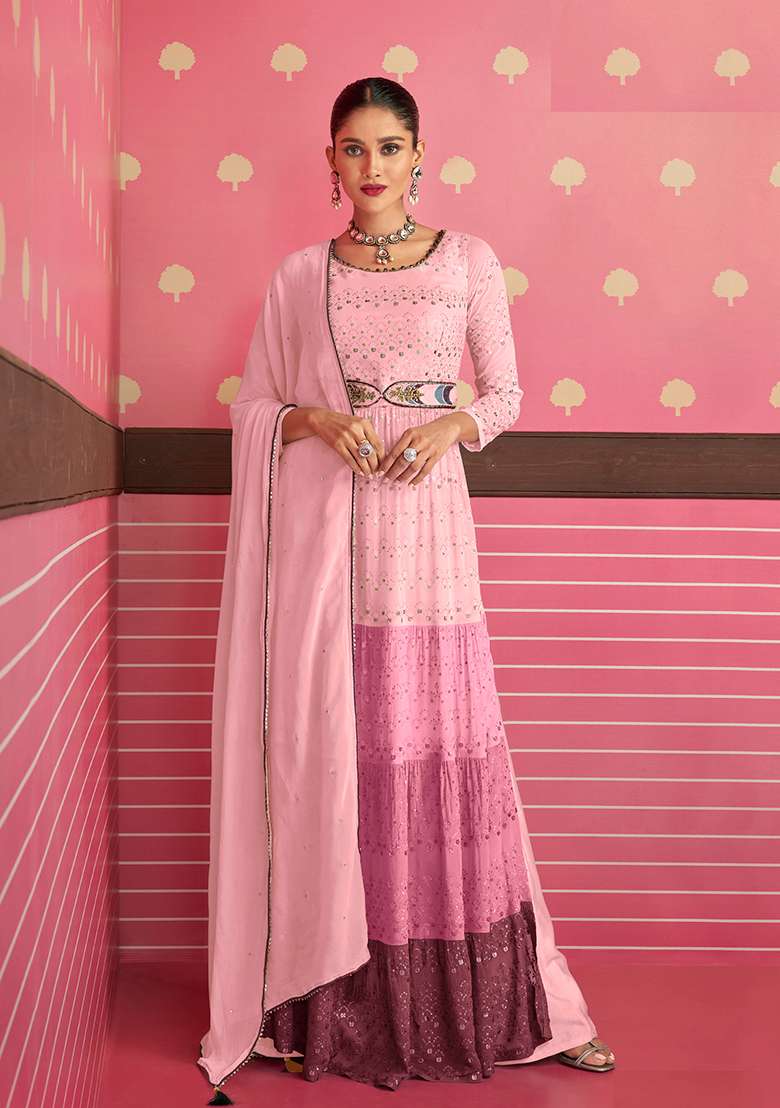 Pink Embroidered Georgette Kurta Set - Indya