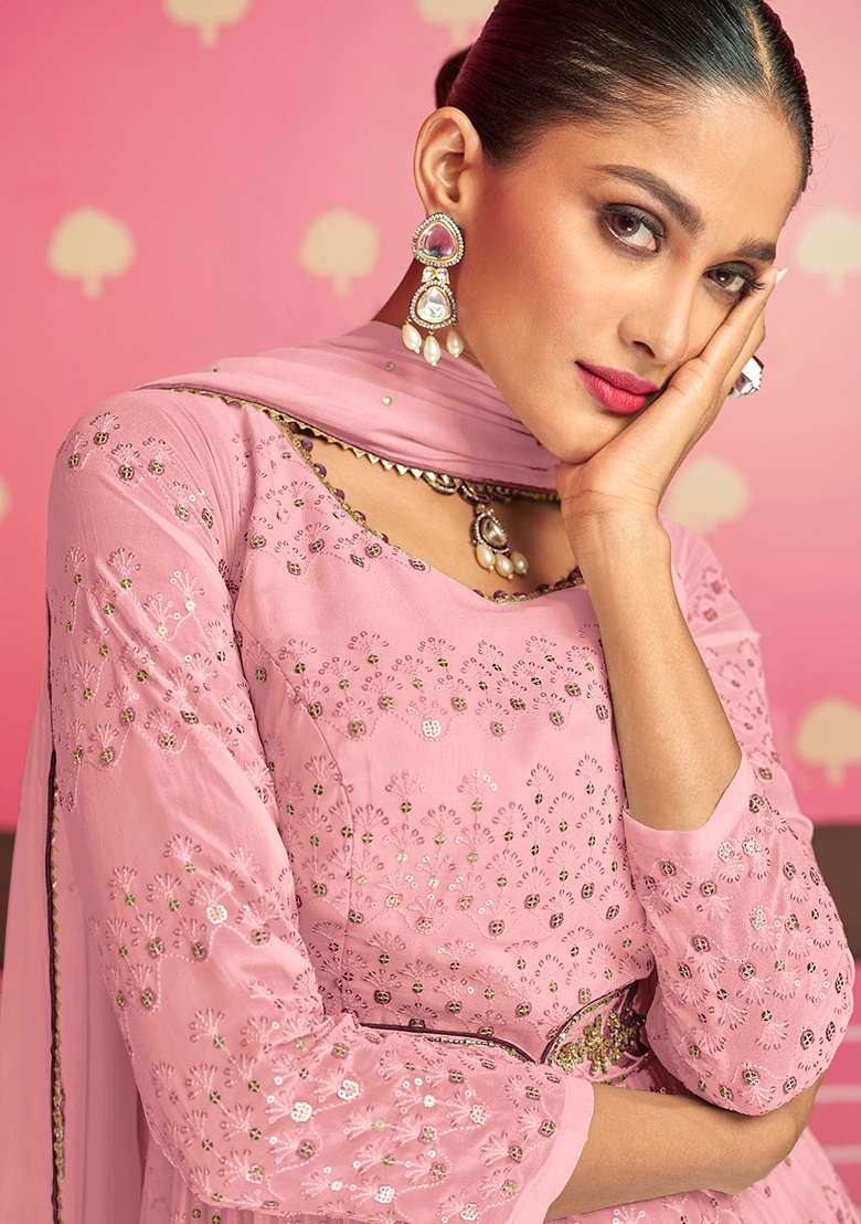 Pink Embroidered Georgette Kurta Set - Indya