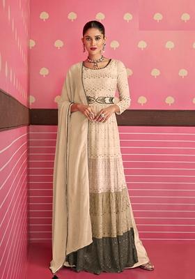Beige Embroidered Georgette Kurta Set