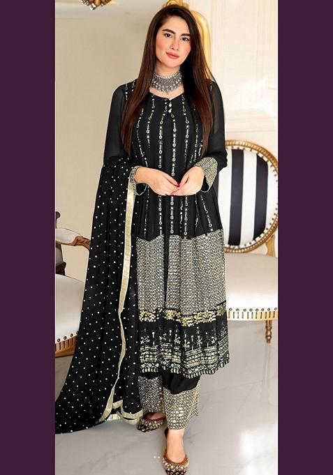 Black Embroidered Faux Georgette Kurta Set