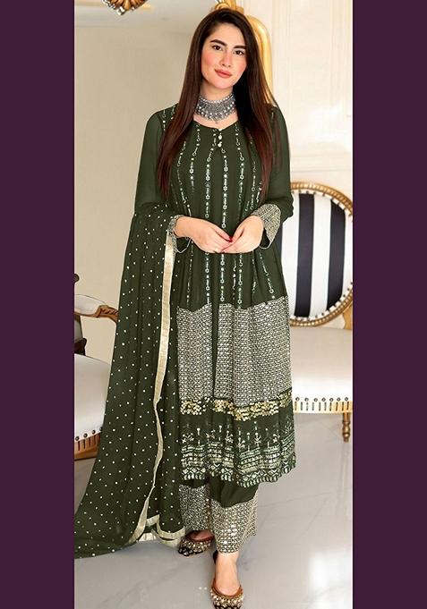 Mehendi Green Embroidered Faux Georgette Kurta Set