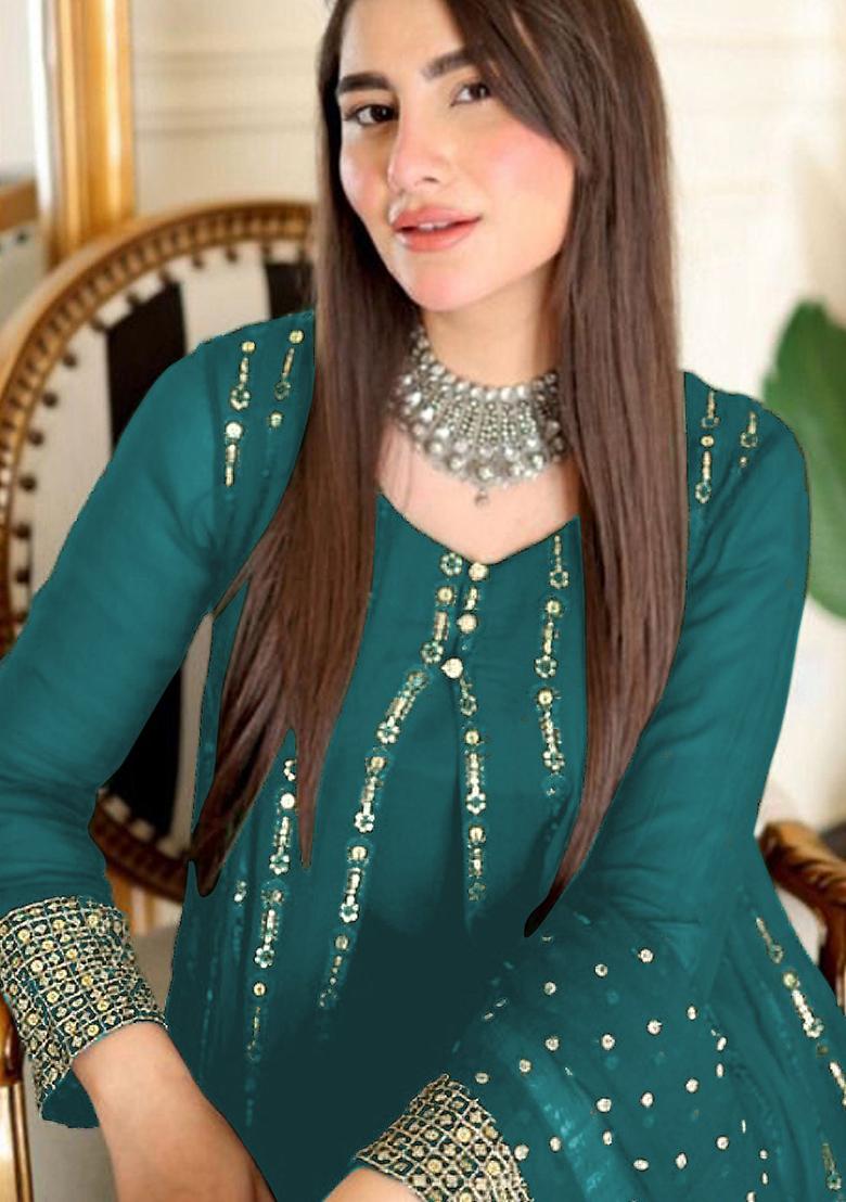 Aqua Blue Embroidered Faux Georgette Kurta Set - Indya