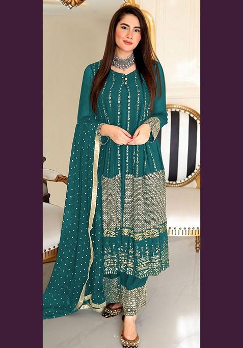 Aqua Blue Embroidered Faux Georgette Kurta Set