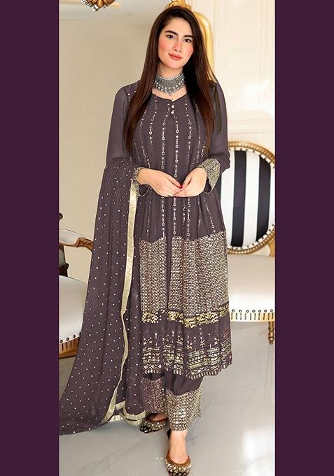 Brown Embroidered Faux Georgette Kurta Set