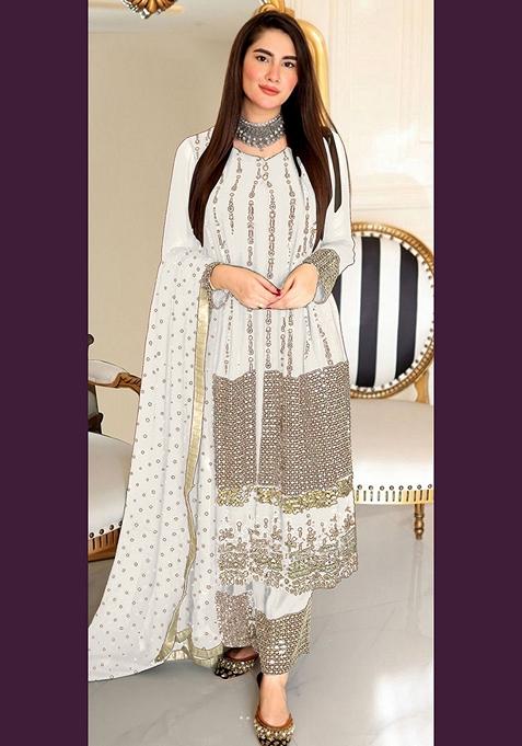 White Embroidered Faux Georgette Kurta Set