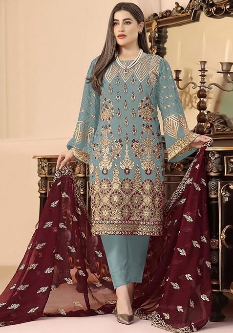 Blue Embroidered Faux Georgette Kurta Set