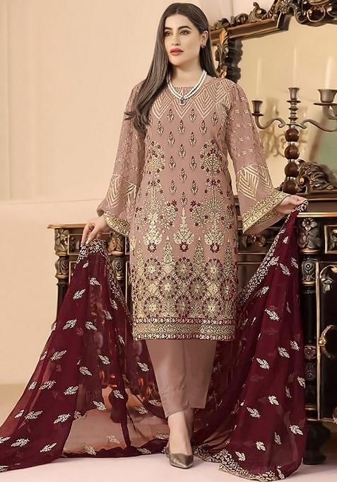 Peach Embroidered Faux Georgette Kurta Set