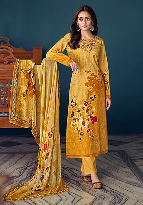 Yellow Embroidered Airjet Jaam Satin Kurta Set