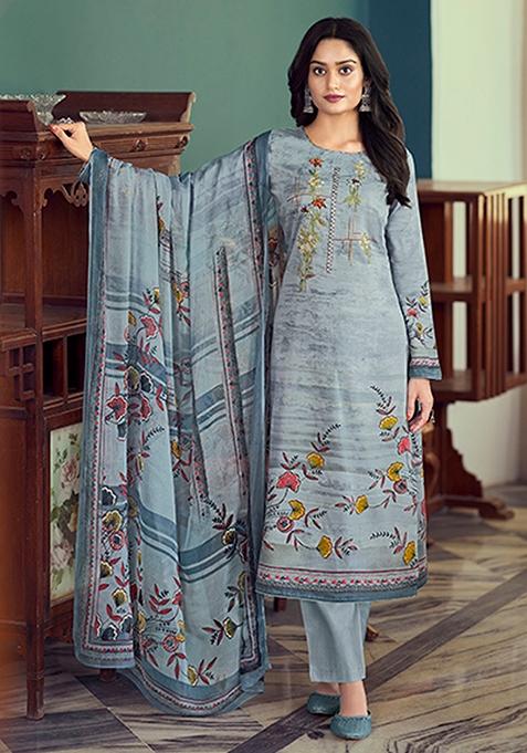 Grey Embroidered Airjet Jaam Satin Kurta Set