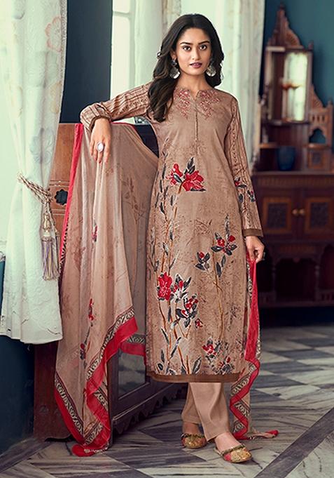 Brown Embroidered Airjet Jaam Satin Kurta Set