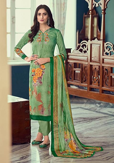 Green Embroidered Airjet Jaam Satin Kurta Set