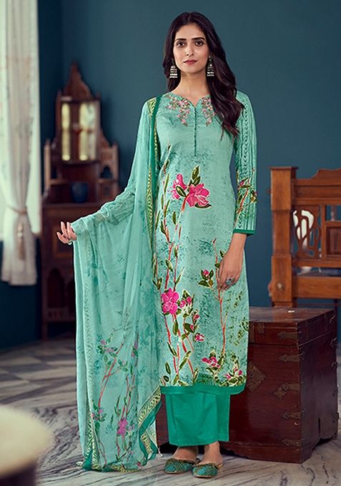 Sea Green Embroidered Airjet Jaam Satin Kurta Set