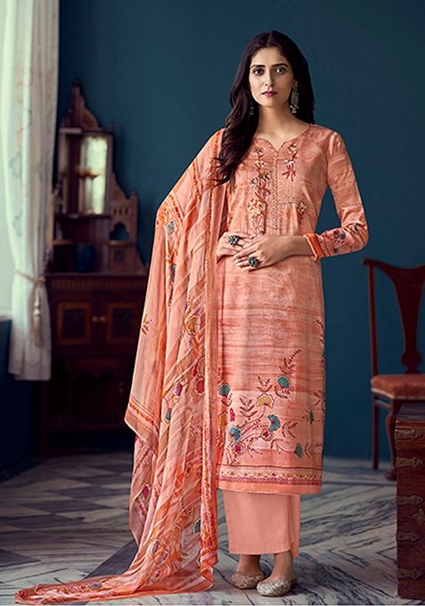 Peach Embroidered Airjet Jaam Satin Kurta Set