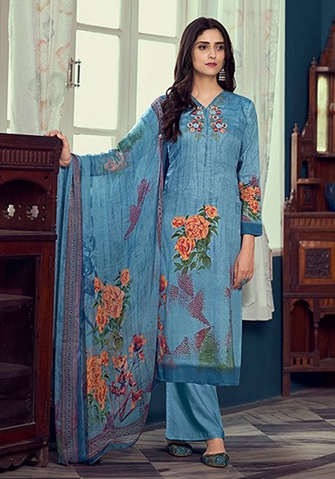 Blue Embroidered Airjet Jaam Satin Kurta Set