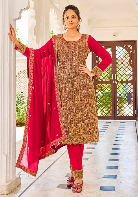 Pink Embroidered Faux Georgette Kurta Set