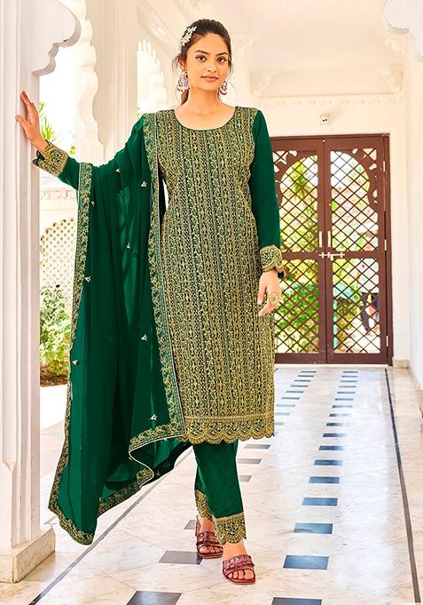 Green Embroidered Faux Georgette Kurta Set