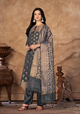 Grey Woven Banarasi Silk Kurta Set