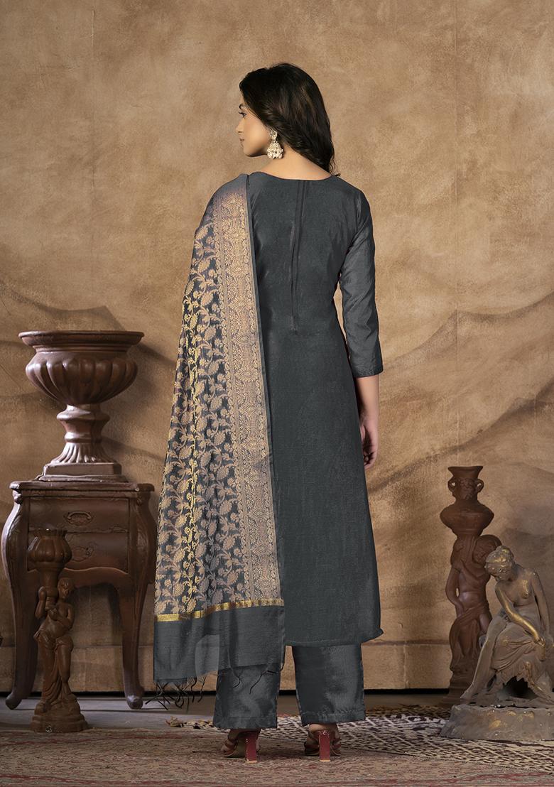 Grey Woven Banarasi Silk Kurta Set