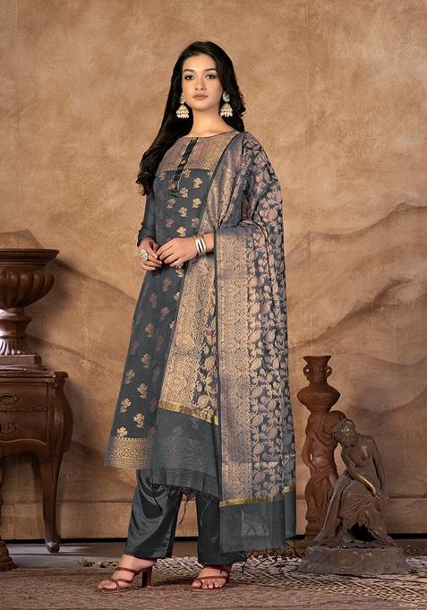 Grey Woven Banarasi Silk Kurta Set