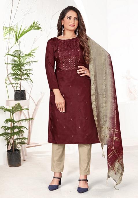 Maroon Embroidered Coco Silk Kurta Set