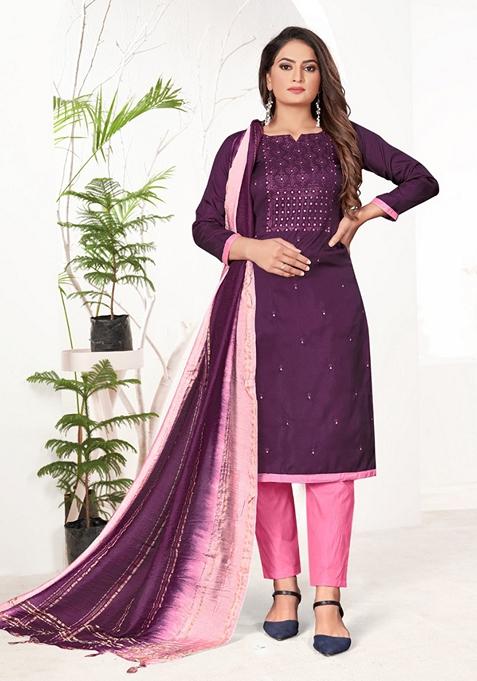 Purple Embroidered Coco Silk Kurta Set