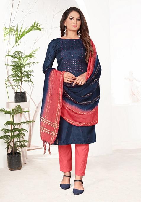 Blue Embroidered Coco Silk Kurta Set