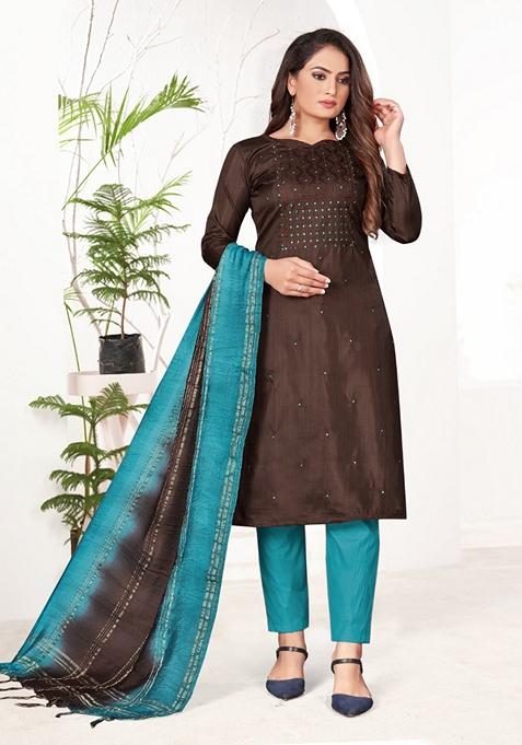 Brown Embroidered Coco Silk Kurta Set