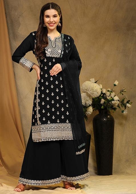 Black Embroidered Faux Georgette Kurta Set