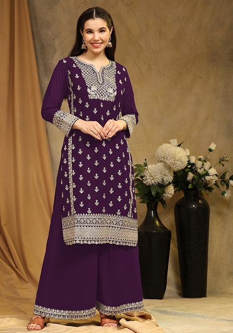 Purple Embroidered Faux Georgette Kurta Set