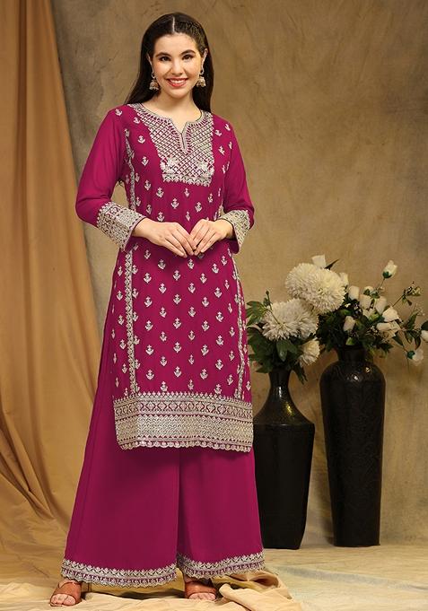 Pink Embroidered Faux Georgette Kurta Set