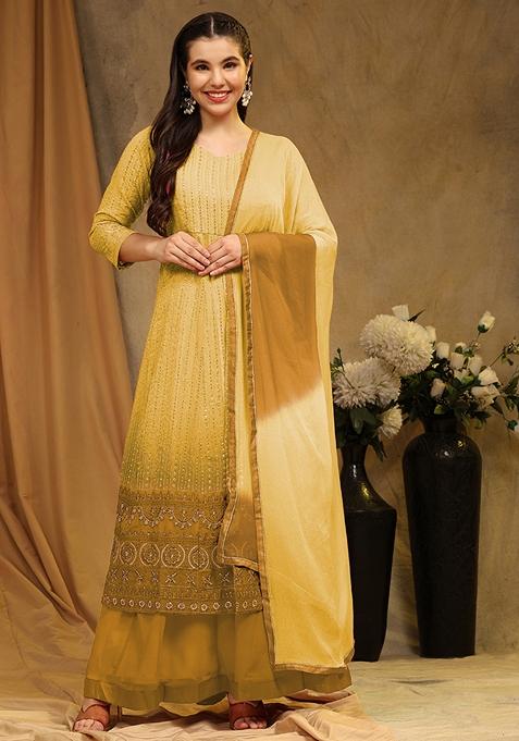 Yellow Embroidered Faux Georgette Kurta Set