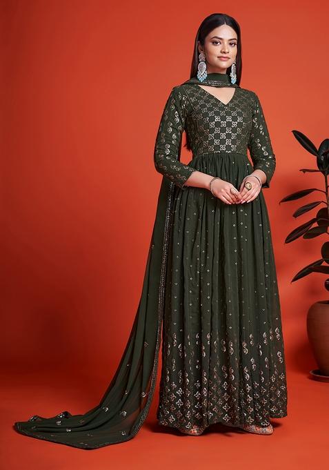 Mehendi Green Embroidered Georgette Anarkali Kurta Set