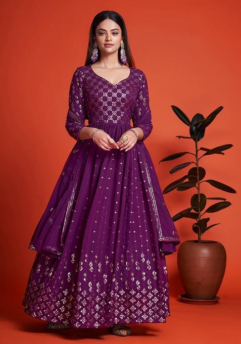 Purple Embroidered Georgette Anarkali Kurta Set