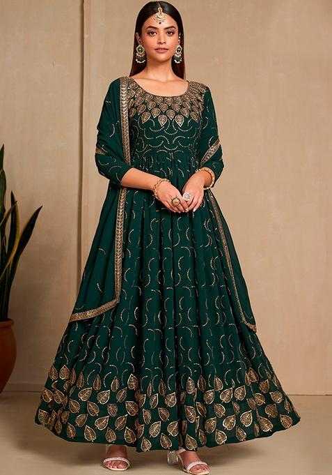 Green Embroidered Faux Georgette Anarkali Kurta Set