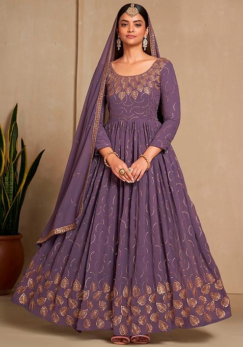 Lavender Embroidered Faux Georgette Anarkali Kurta Set