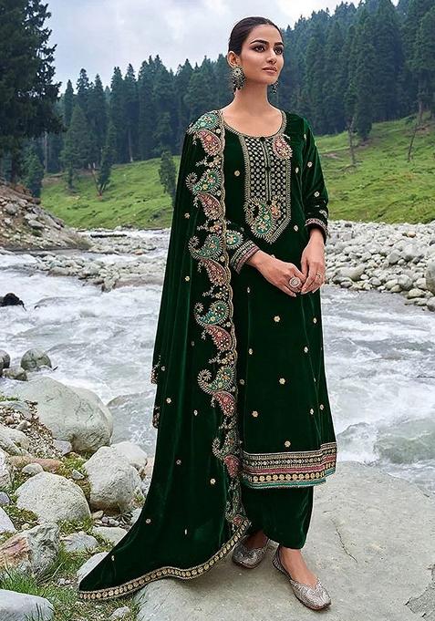 Green Embroidered Velvet Kurta Set