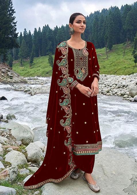 Maroon Embroidered Velvet Kurta Set