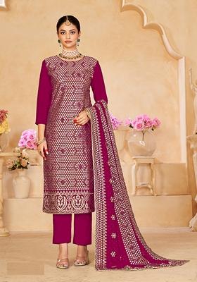 Pink Embroidered Vichitra Silk Kurta Set