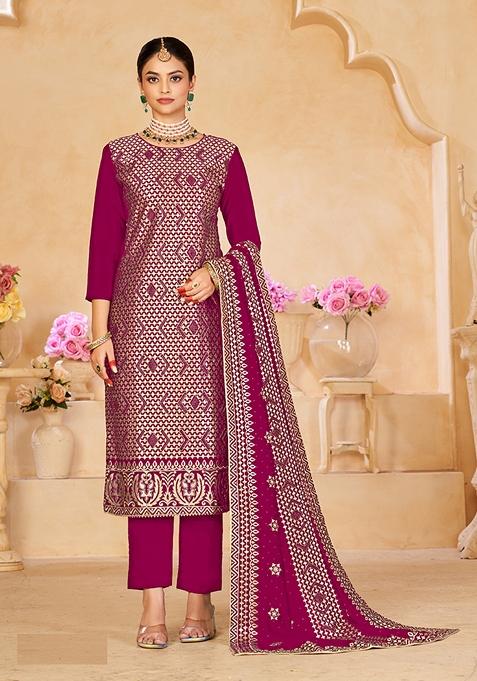 Pink Embroidered Vichitra Silk Kurta Set