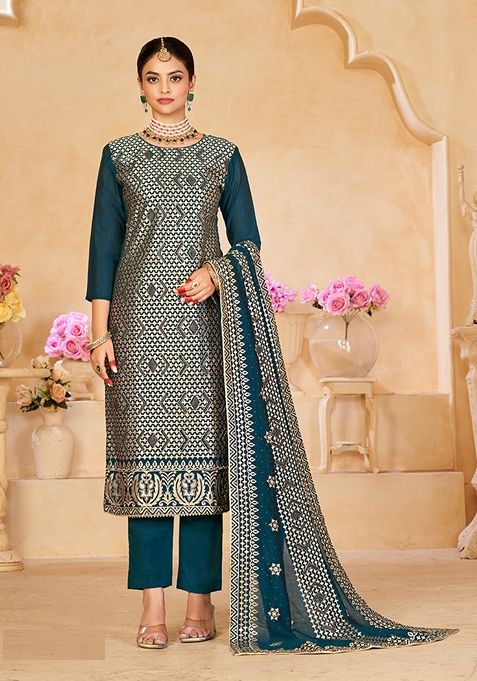 Blue Embroidered Vichitra Silk Kurta Set