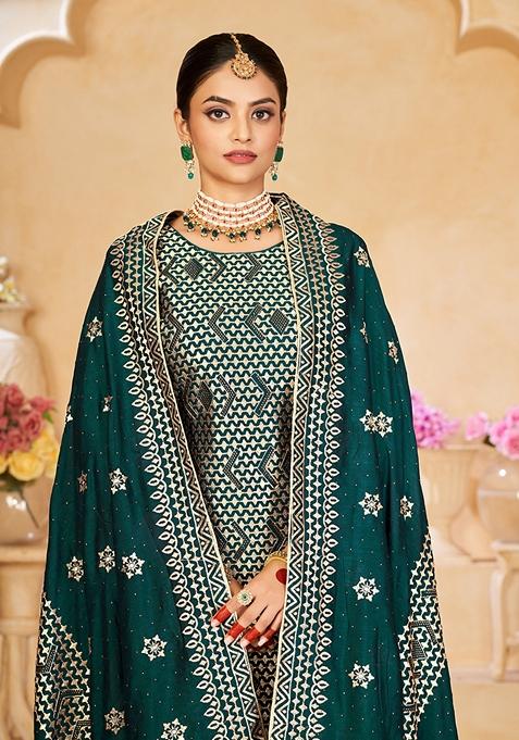 Green Embroidered Vichitra Silk Kurta Set