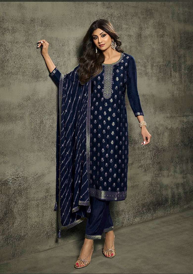 Blue Jacquard Jacquard Straight Kurta Set - Indya